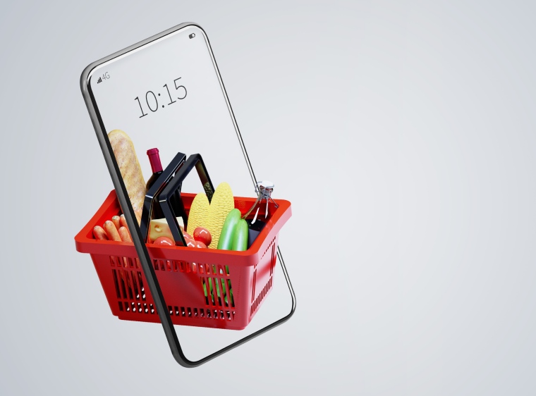 Food in shopping cart in smartphone